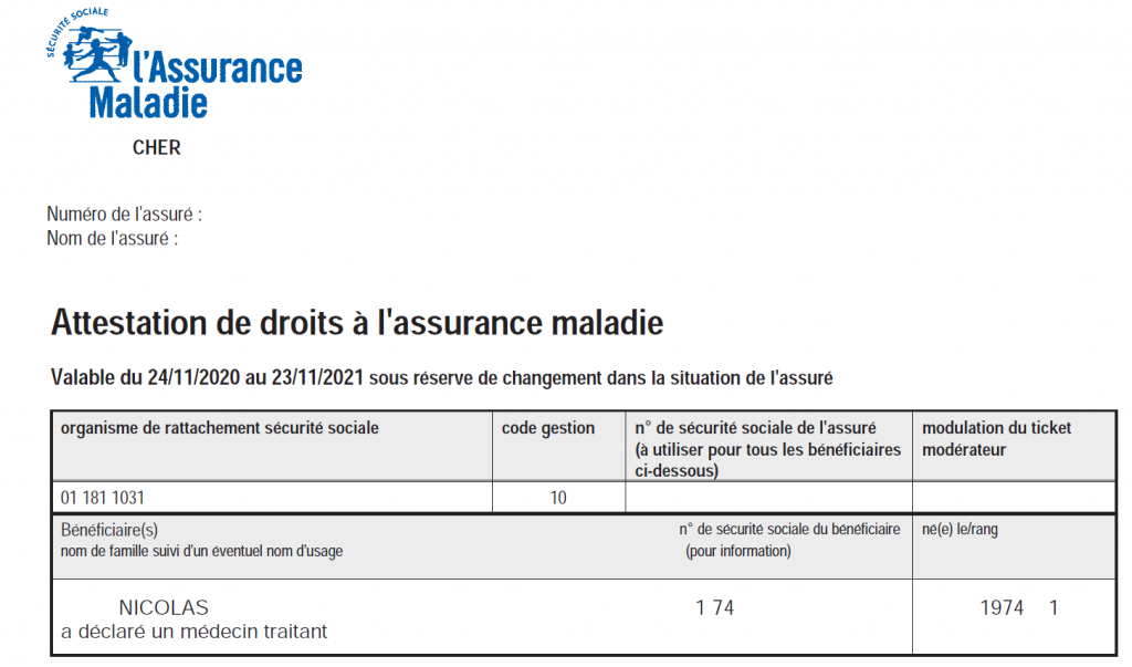 "Exemple d'attestation – Assurance Maladie"